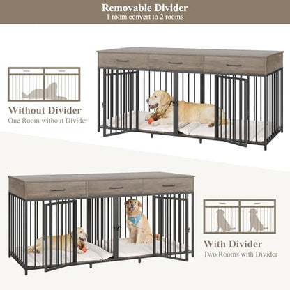 Double Dog Crate, 71" W Indoor Dog Kennel Furniture for 2 Dog, Grey, view 6