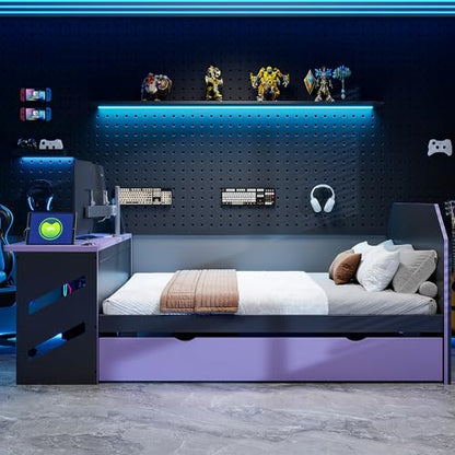 JIVOIT Full Size Daybed with Twin Size Trundle, Wood Daybed with Desk and Cable Management, Stylish Gaming-Inspired Design Sofa Bed, No Box Spring Needed