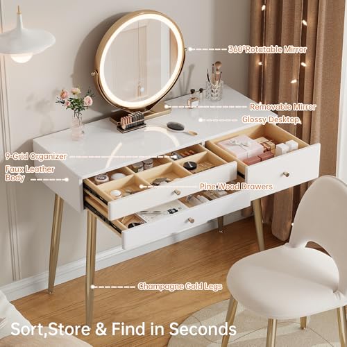 39" White and Gold Vanity with Lights and Chair, view 7