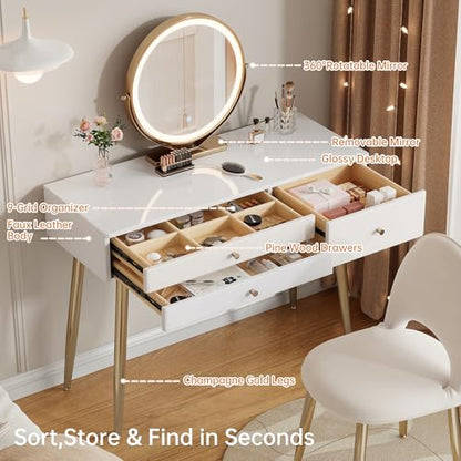 39" White and Gold Vanity with Lights and Chair, view 7