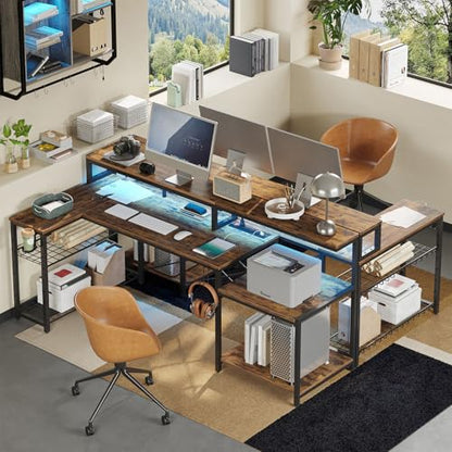 71.5 inch Computer Desk with Power Outlets, L Shaped LED Home Office Desk with Long Monitor Stand, Large Corner Desk with Storage Shelf, Cup Holder & Headset Hooks, Modern Simple Table
