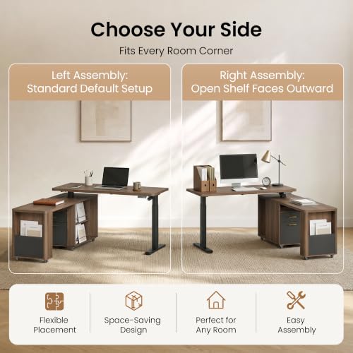 59" L Shape Electric Standing Desk w/360° Swivel Cabinet, Wireless Charging, view 4