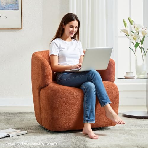 Swivel Accent Chair, Upholstered Fabric Barrel Chair Chenille Round Boucle Armchair for Living Room Bedroom, Orange