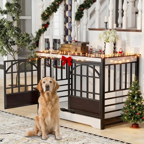 52IN Dog Crate with Arched Doors, White Brown, view 2