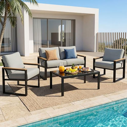 4 Pieces Patio Furniture Sets,Outdoor Metal Sectional Furniture Modern Patio Conversation Set,Fauxwood Anti-Scald Armrest,Sling Mesh,Tempered-Glass Table,4" Olefin Cushions