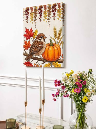 NuYeBiofx Thanksgiving Bird Pumpkins Canvas Wall Art Prints,30"x20" Framed Picture Artwork Fall Maple Leaves Printed Canvas Oil Painting for Living Room Bedroom Office,Ready to Hang
