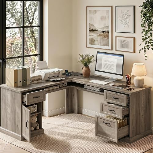 L Shaped Executive Desk with Storage, 4 Drawers, Grey, view 2