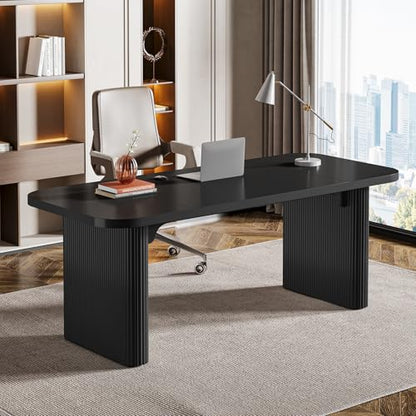 Tribesigns 62-Inch Modern Executive Desk, Wood Office Desk, Large Aesthetic Computer Desk with Double Pedestal, Workstation for Home Office (Black)