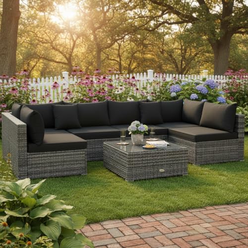 7 Pieces Patio Rattan Furniture Set, Patiojoy Outdoor Conversation Set with Cushions and Tempered Glass Coffee Table, All-Weather Sectional Sofa Set for Garden, Lawn, Backyard (Black)