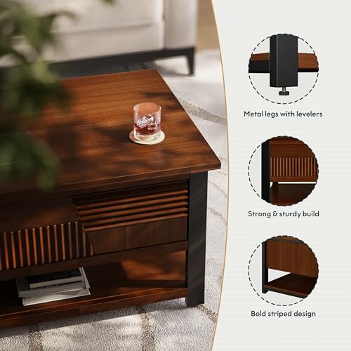Trapeze Coffee Table for Living Room – Modern Wooden Center Table with Storage, Metal Legs, Large Walnut Coffee Table for Stylish Living Room Furniture Setup