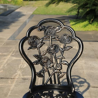 Rose Garden Cast Aluminum Bistro Chairs, Decorative Outdoor Patio Seating, Set of 2, White and Black (Rose Chair Bronze)