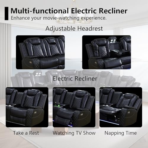 Black Leather Power Reclining Sectional Sofa,Sectional Couch with Recliner,L Shaped Recliner Sofa with LED Light/Read Lamp/Storage Console/USB Port for Living Room/Home Theater/Apartment