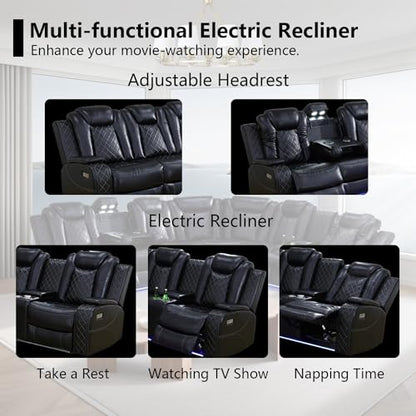 Black Leather Power Reclining Sectional Sofa,Sectional Couch with Recliner,L Shaped Recliner Sofa with LED Light/Read Lamp/Storage Console/USB Port for Living Room/Home Theater/Apartment