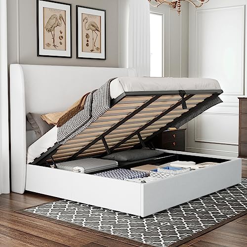 King Lift Up Storage Bed Frame, Linen Wingback Headboard, White, view 2