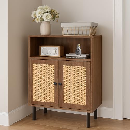 Rattan Storage Cabinet, Boho Accent Cabinet with Double Doors, Small Freestanding Sideboard for Hallway, Laundry Room,Kitchen, Dining Room, Entryway (Walnut)