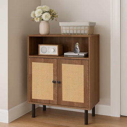Rattan Storage Cabinet, Boho Accent Cabinet with Double Doors, Small Freestanding Sideboard for Hallway, Laundry Room,Kitchen, Dining Room, Entryway (Walnut)
