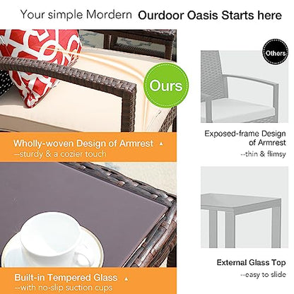 3 Pieces Outdoor Patio Furniture Set, Outdoor Wicker Conversation Set, Patio Rattan Chair Set, Modern Bistro Set with Coffee Table, Garden Balcony Backyard Poolside (Brown)