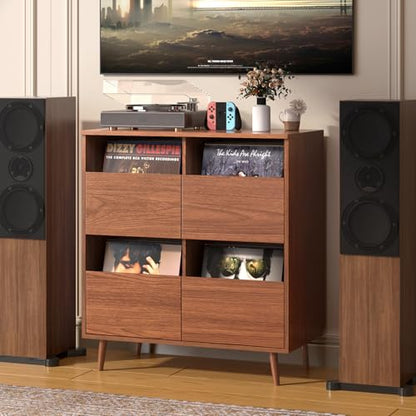 Record Player Stand with Vinyl Storage, Mid-Century, Brown, view 6