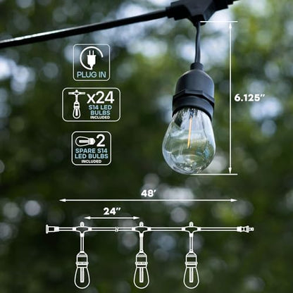 48FT LED Outdoor String Lights Commercial Grade Waterproof, 24 Edison S14 Shatterproof Bulbs, Hanging Lights for Patio, IP65, Decorative Outside Lights for Backyard Garden Cafe Balcony