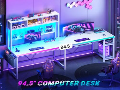 White L Shaped Gaming Desk with Hutch, Power Outlet and Pegboard, view 4