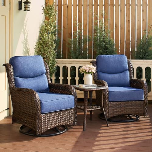 Luxury Outdoor Patio Furniture Set with 6-Inch Thick Cushions, High Back Wicker Swivel Rocker Chairs, 3 Pcs All Weather Chairs Set for Small Porch, Deck and Sunroom, Blue (V3)