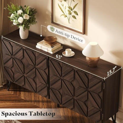 63" Solid Wood Buffet Cabinet with Hand Carved Doors, Dark Walnut, view 6