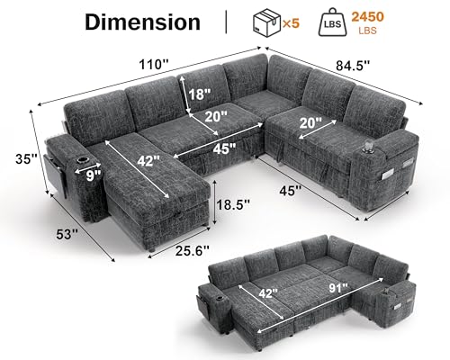 111" Modular Sectional Sleeper Sofa with Pull Out Bed, 7 Seat Chenille L Shaped Couch with USB Ports|Cup Holders|Side Table|Storage Chaise, Tool Free Assembly, Grey