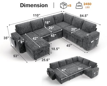 111" Modular Sectional Sleeper Sofa with Pull Out Bed, 7 Seat Chenille L Shaped Couch with USB Ports|Cup Holders|Side Table|Storage Chaise, Tool Free Assembly, Grey