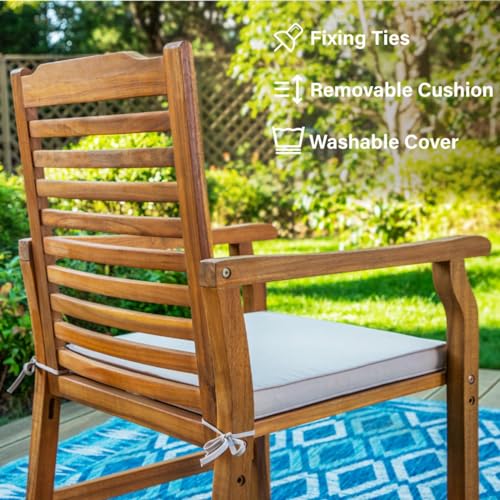 7pc Outdoor Dining Set, Expandable Wood Table w/Umbrella Hole | Acacia wood teak patio furniture set for 6. Perfect for patio, deck, porch, backyard. Chairs with cushions.