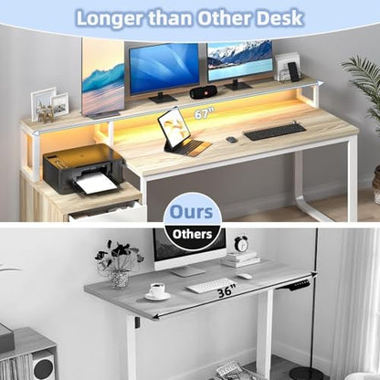 67" Home Office Desk with 3 Drawers and LED Lights, Walnut, view 5