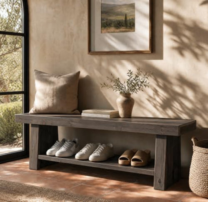 63'' Solid Wood Entryway Bench with Open Shelves, view 2