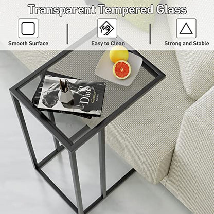 C Shaped End Table,Small Sofa Couch Side Table, Tempered Glass Snack TV Tray Table with Metal Frame for Small Space,Living Room, Bedroom, Bedside,Modern Style, Black