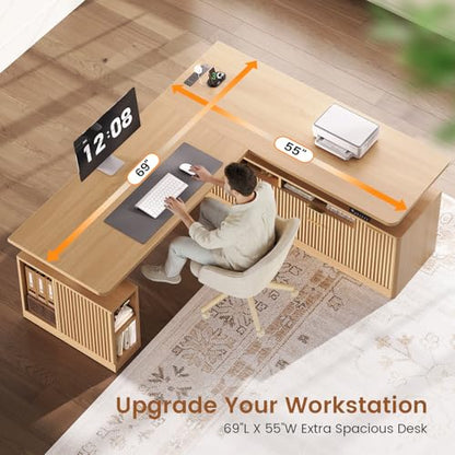 Fluted L Shaped Executive Electric Standing Desk with 4 Drawers, view 6