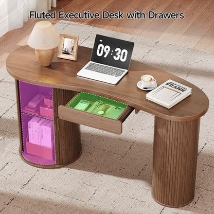 59 Inches Fluted Office Desk with Storge, Bean-Shaped Computer Desk with Drawer, Mid-Century Modern Curved Corner Desk with Sliding Door for Work and Study,Walnut
