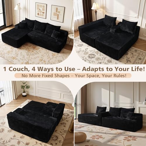 96" Cloud Sectional Couch with Comfy Chaise, Boneless L Shape Sofa with Deep Seat, Minimalist Modular Couches Sleeper for Living Room Bedroom Apartment Lounge,Black