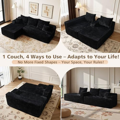 96" Cloud Sectional Couch with Comfy Chaise, Boneless L Shape Sofa with Deep Seat, Minimalist Modular Couches Sleeper for Living Room Bedroom Apartment Lounge,Black