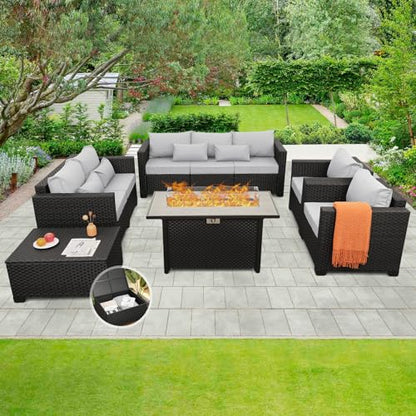 6 Pcs Outdoor Furniture Sets Patio Furniture Set with 45" Fire Pit Patio Couch Outdoor Chairs 60000 BTU Steel Propane Fire Pit Table No-Slip Cushions and Waterproof Covers, Light Grey