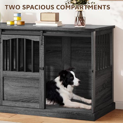72" Double Dog Crate Furniture, Extra Large Dog Kennel with Barn, view 4