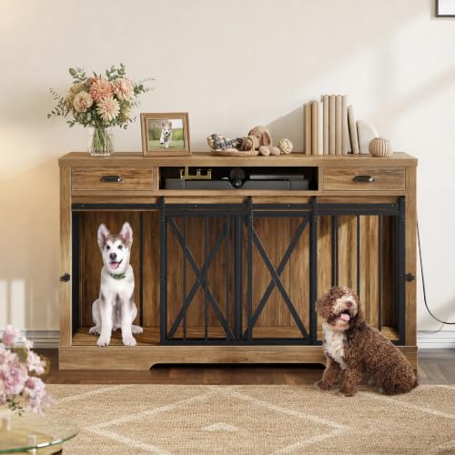 63" Double Dog Crate TV Stand with Charging Station for 2 Dogs, view 7