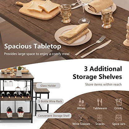 Dining Table Set for 4, 3-Piece 55" L Kitchen Table Set w/ 2 Benches, Breakfast Table w/ 5-Bottle Wine Rack & Glass Holder, Space-Saving Dinette Set for Dining Room, Kitchen, Apartment