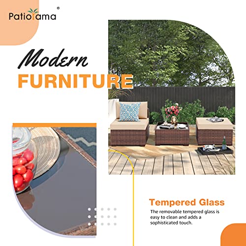 3 Piece Patio Furniture Set, Outdoor Sectional Sofa, PE Wicker Rattan Conversation Set, All Weather Armless Chair and Ottoman with Coffee Table, Brown Wicker Beige Cushion