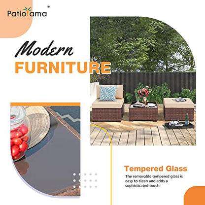 3 Piece Patio Furniture Set, Outdoor Sectional Sofa, PE Wicker Rattan Conversation Set, All Weather Armless Chair and Ottoman with Coffee Table, Brown Wicker Beige Cushion