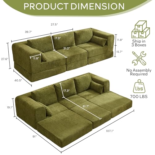 106" Chenille Folding Convertible Sleeper Sofa Bed, Green Pull Out Floor Modular Couch with Pillow, Memory Foam Boneless Couchs Sectional for Living Room Bedroom (3, Green)