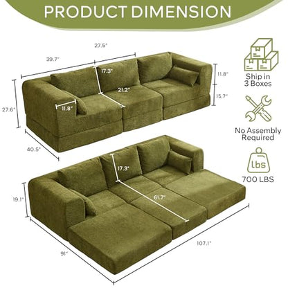 106" Chenille Folding Convertible Sleeper Sofa Bed, Green Pull Out Floor Modular Couch with Pillow, Memory Foam Boneless Couchs Sectional for Living Room Bedroom (3, Green)