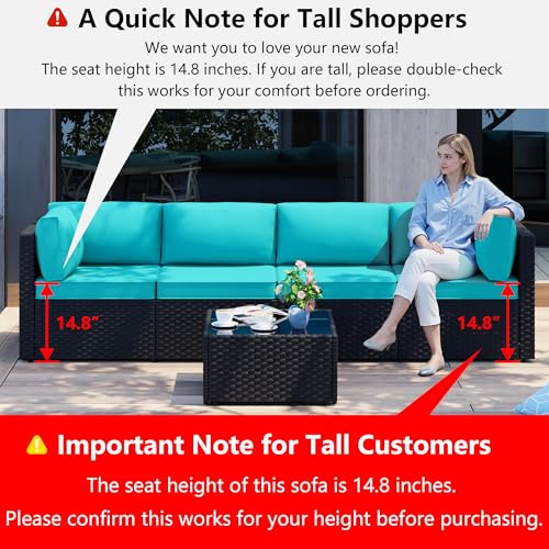 5 Pieces Outdoor Patio Sectional Sofa Couch, Black PE Wicker Furniture Sets, Patio Conversation Sets with Washable Cushions Glass Coffee Table for Garden, Poolside, Backyard,Blue