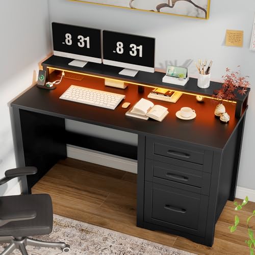 47" Farmhouse Executive Desk with 3 Drawers,LED Lights,Pure Black, view 2