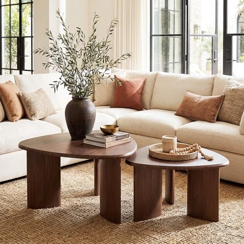 Nesting Coffee Table Set of 2, Modern Walnut Wood Veneer Coffee Table and Side Table Set for Living Room, Small End Table Set with Flexible Use and Space-Saving Design