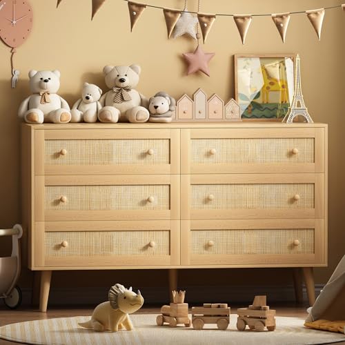 Rattan Dresser for Bedroom, Modern 6 Drawer Dressers & Chest of Drawers, Natural Boho Dresser with Handles Wood Storage Organizer Modern Dressers for Closet, Hallway, Office