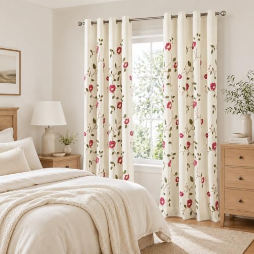 Grommet Curtains 84 Inch Length Red Floral Embroidered Elegant Window Drapes for Living Room Bedroom, W52xL84, 2 Panels