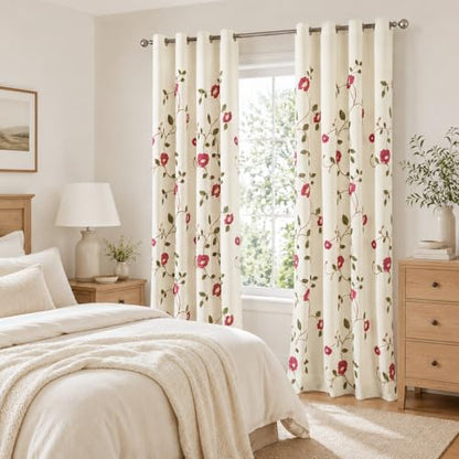 Grommet Curtains 84 Inch Length Red Floral Embroidered Elegant Window Drapes for Living Room Bedroom, W52xL84, 2 Panels